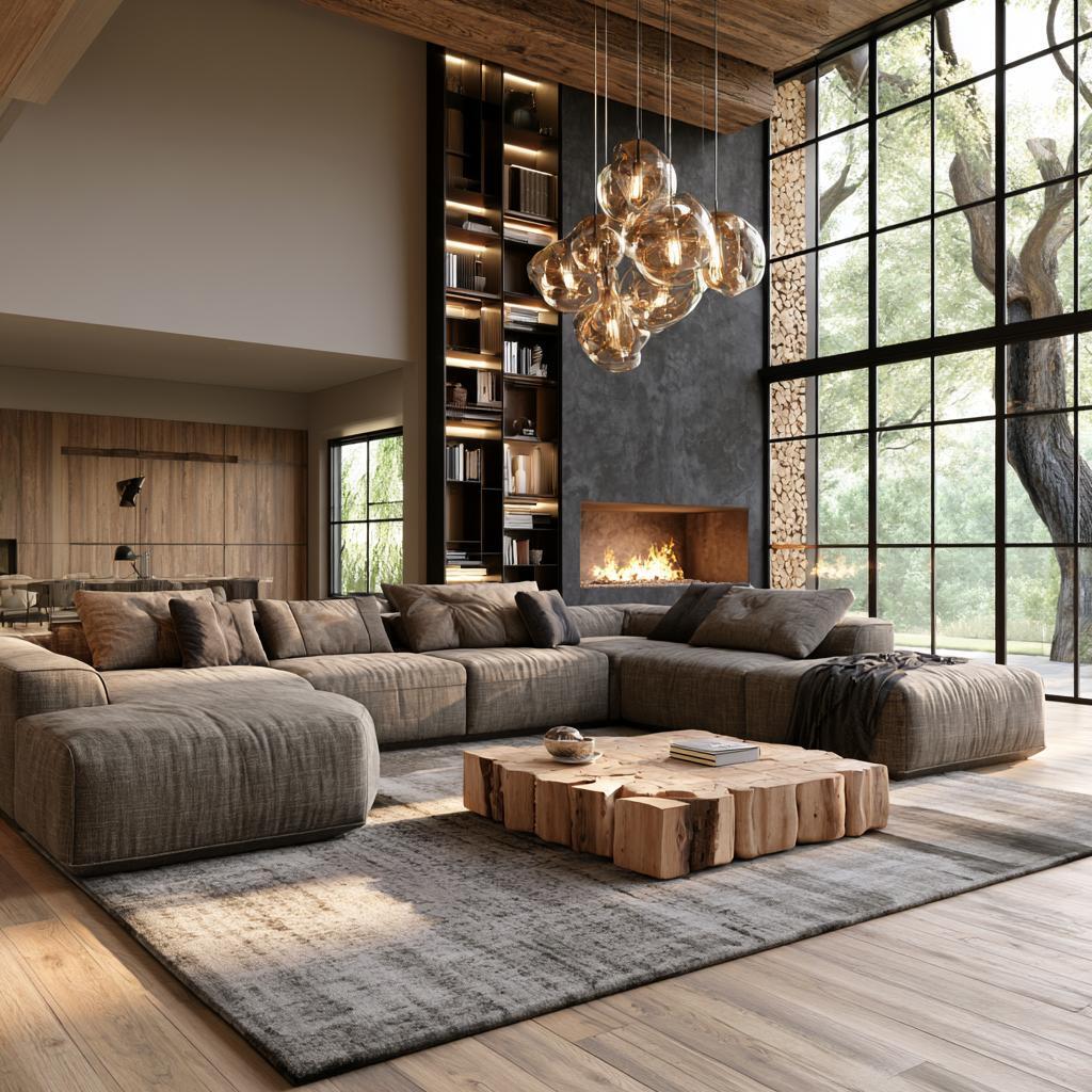 Brown U-shaped sofa fireplace living room
