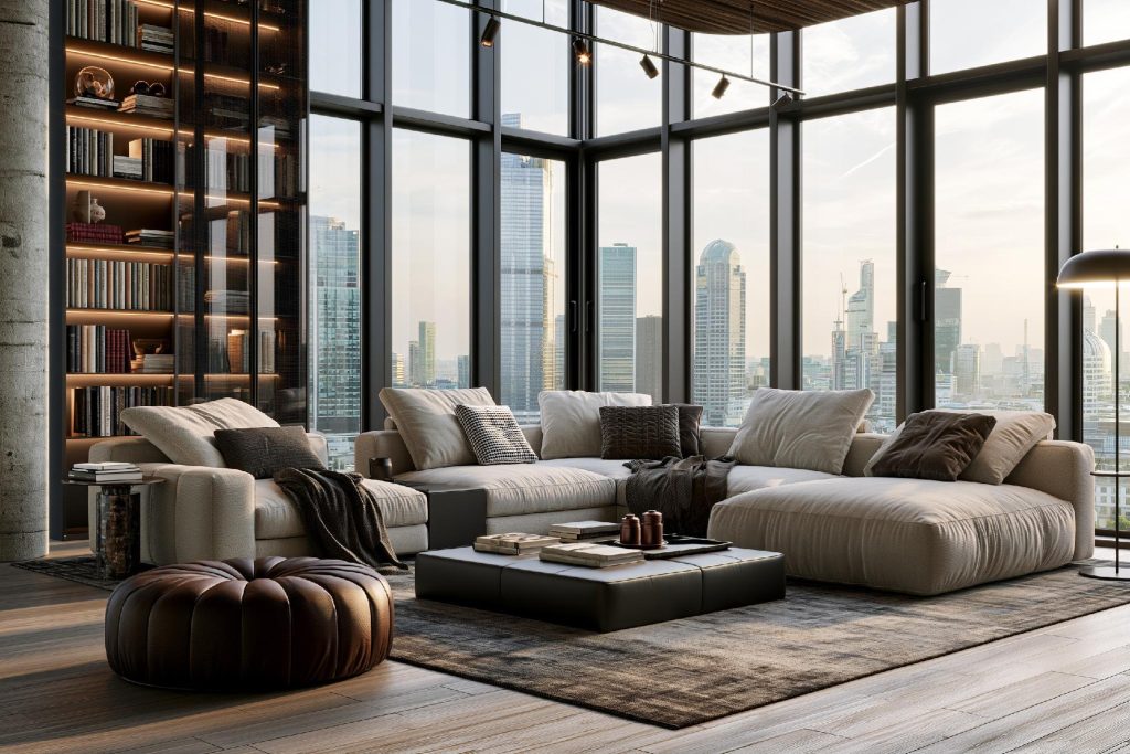 Beige U-shaped sofa skyline living room