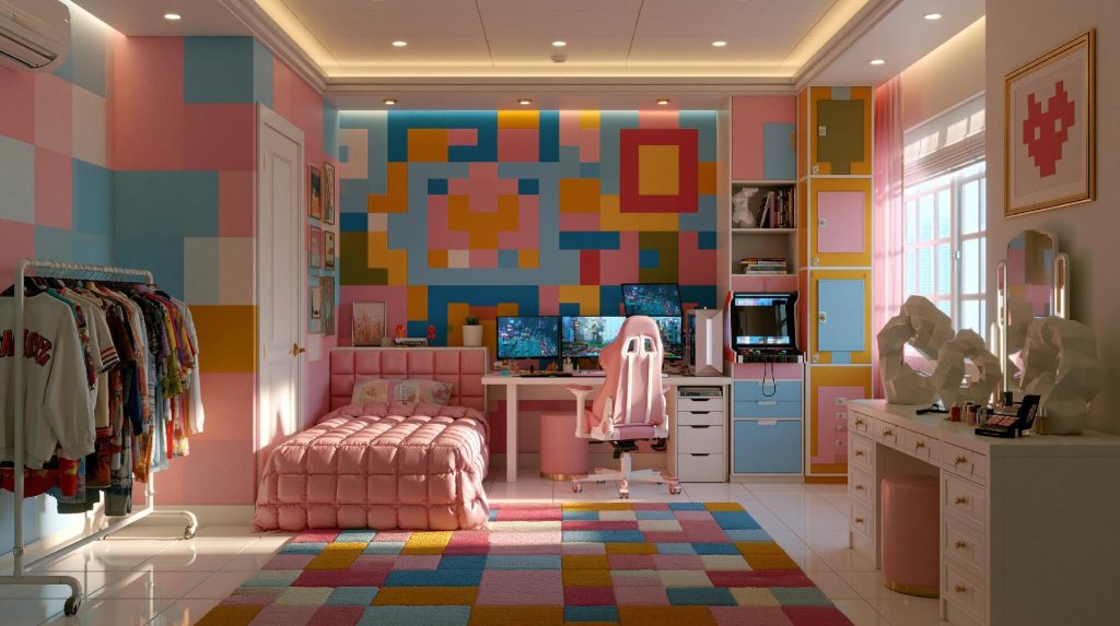 Pink pixel block wall Minecraft gaming room