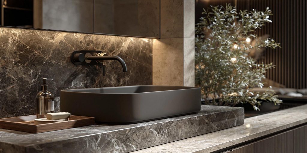 Dark rectangular counter top basin on marble