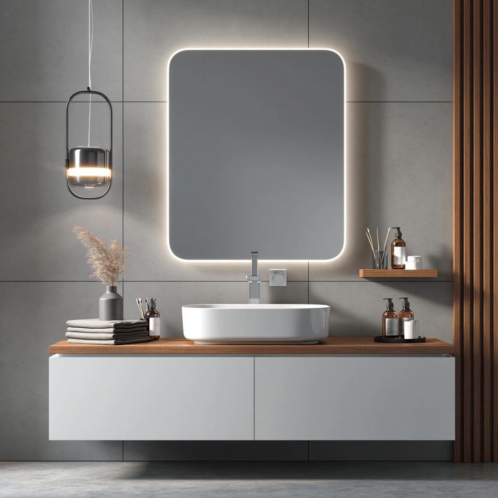 Oval basin with backlit mirror wooden vanity
