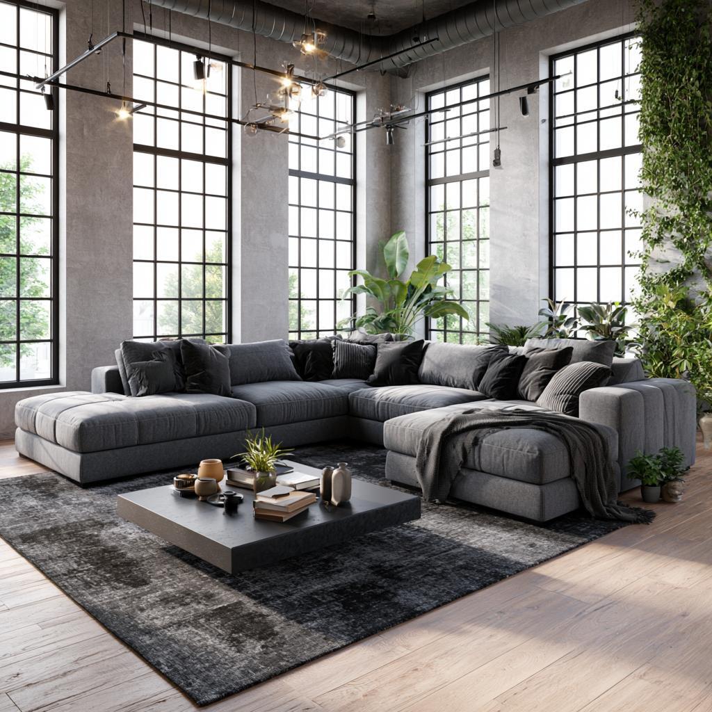  Grey U-shaped sofa industrial loft living room