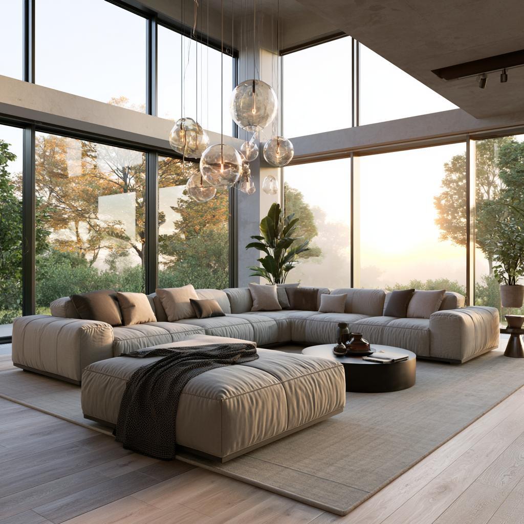 Taupe luxury U-shaped sofa pendant lighting