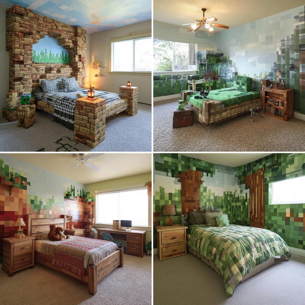Minecraft bedroom decor with stone and pixel wall designs