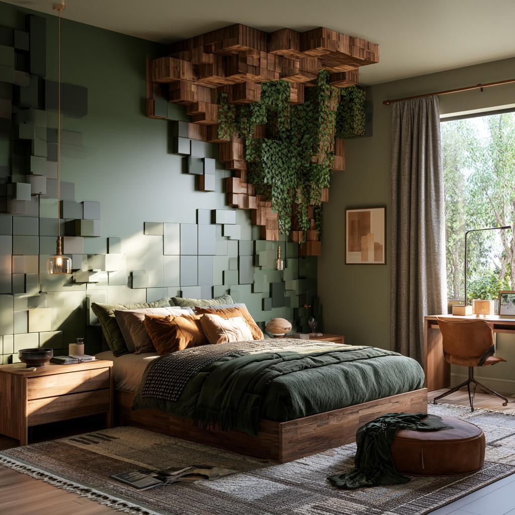 Wood block ceiling Minecraft bedroom with plants