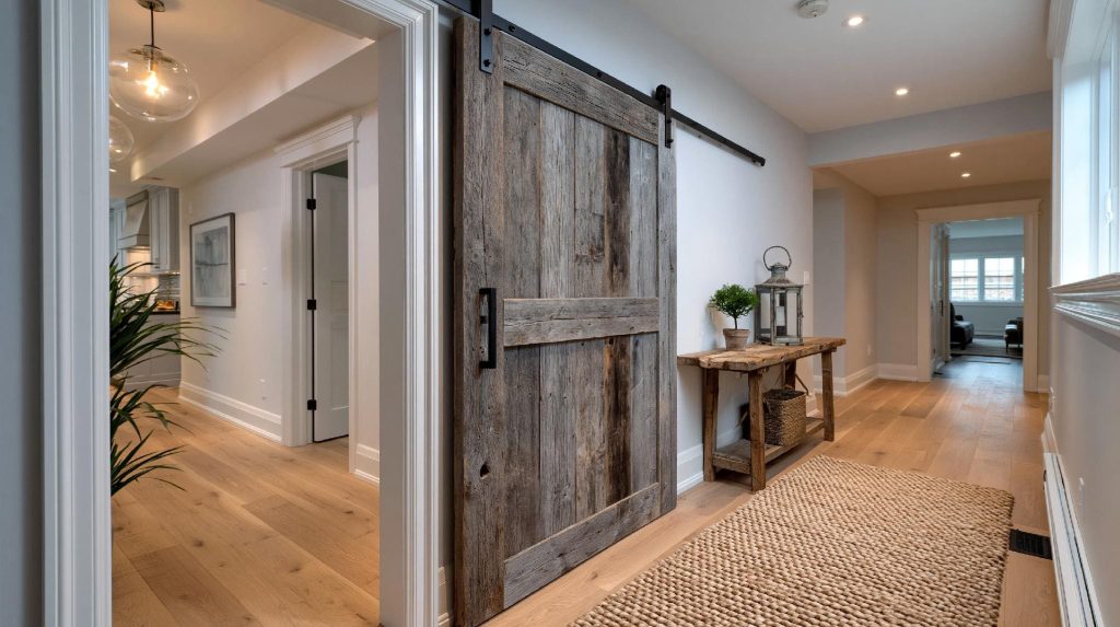 Rustic barn door room divider hallway