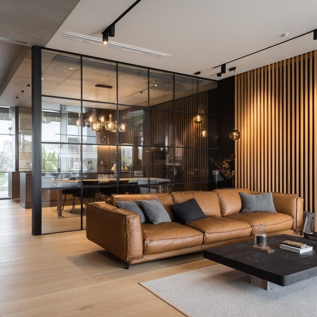 Black glass partition room divider dining area
