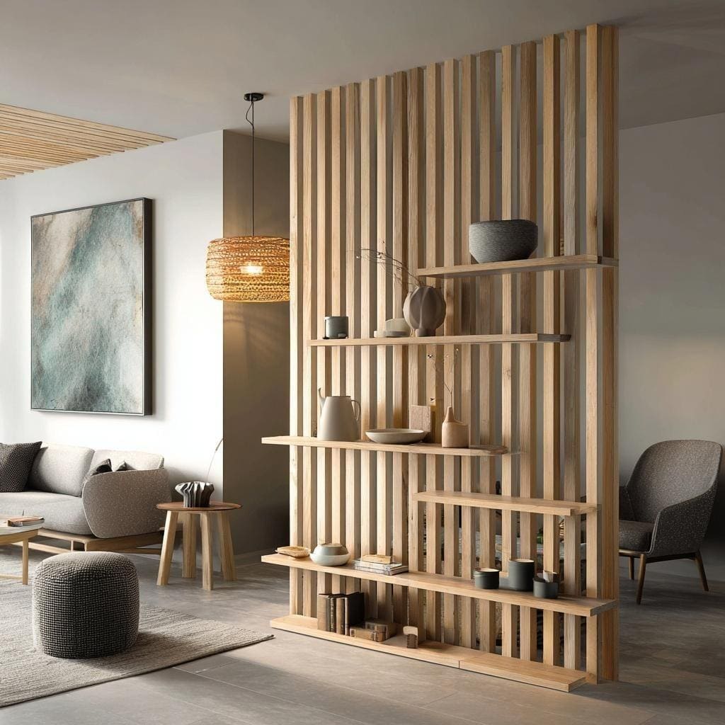 Wood slat shelving room divider living room