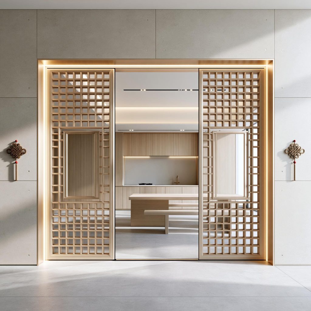  Wood lattice sliding door room divider