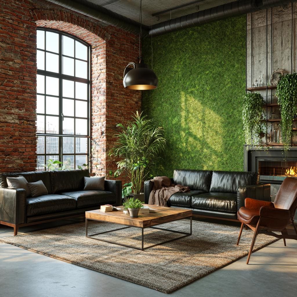 Grass wall design industrial brick room