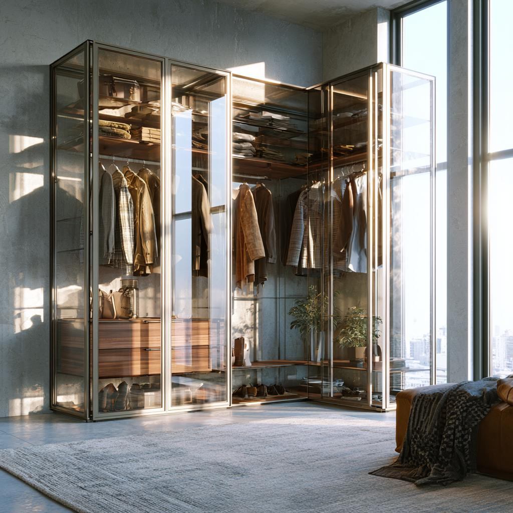 Brass-framed aluminium almirah design with glass