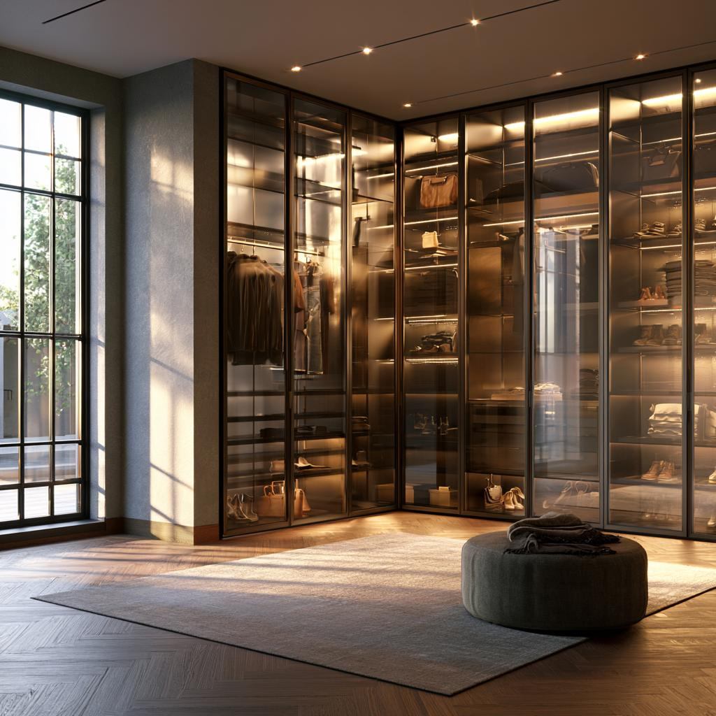 Corner aluminium almirah design with ambient lighting