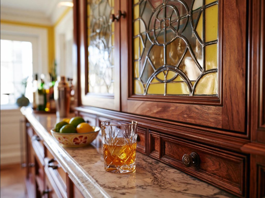 Bar counter design with marble countertop closeup