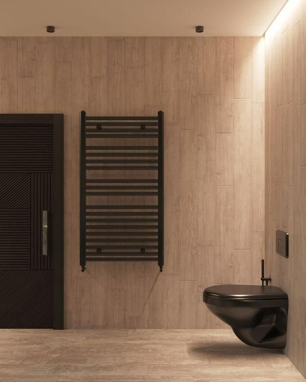 Black towel rack minimal dark bathroom