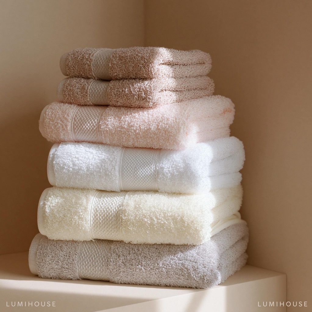 Folded neutral towels bathroom storage stack