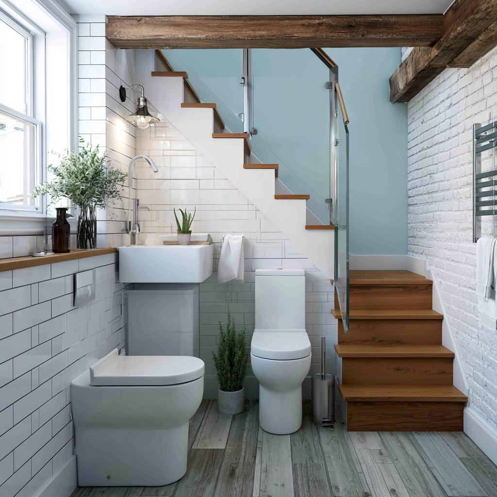 Subway tile bathroom under staircase layout