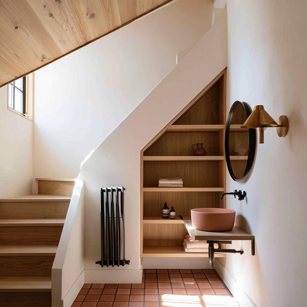 Wood shelving bathroom under sloped staircase