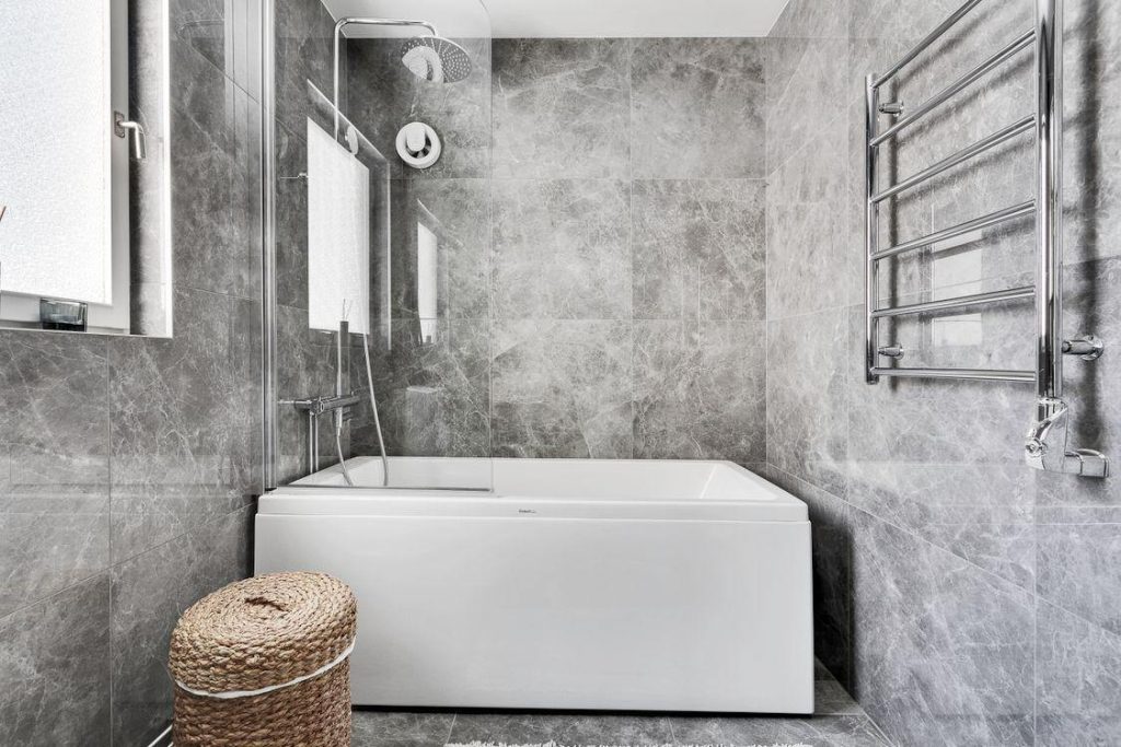 Chrome bathroom towel rack grey tiles