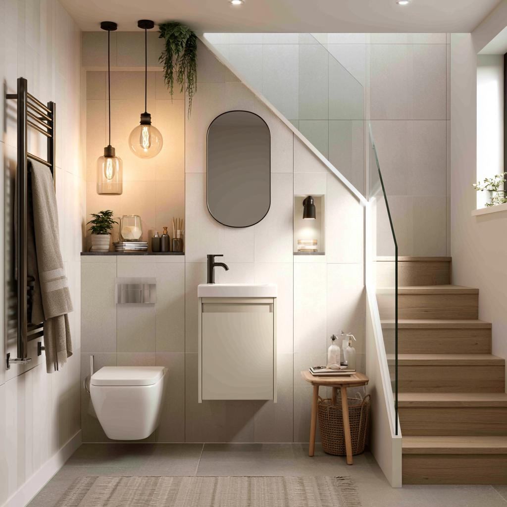  Pedestal sink bathroom under wooden staircase