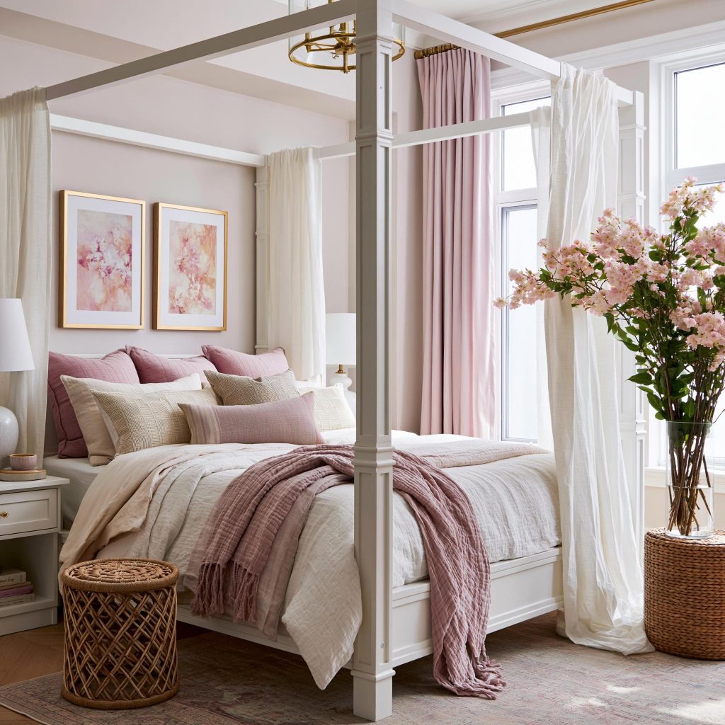 Four poster bed design pink curtains bedroom