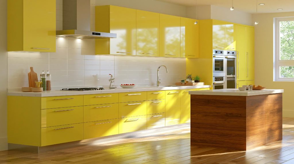 Glossy yellow PVC kitchen cupboard design