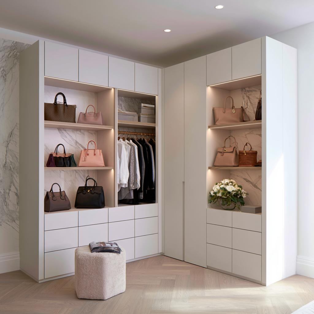 Illuminated handbag storage display niches