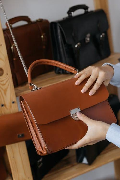 Leather handbag storage wooden shelf