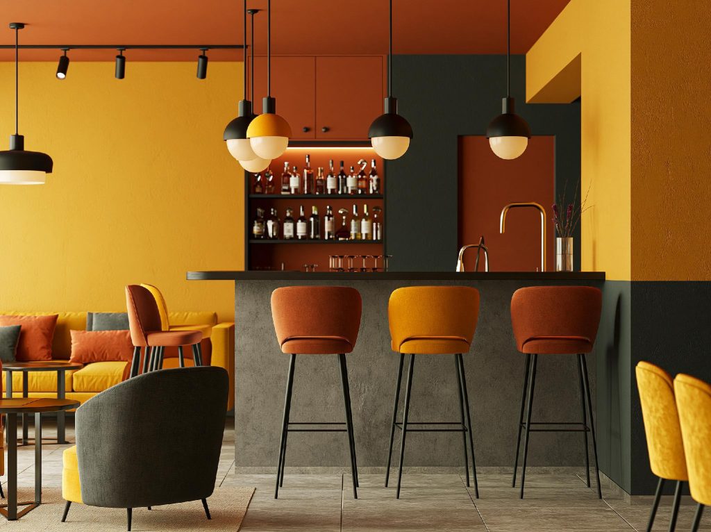Living room bar counter design with bar stools