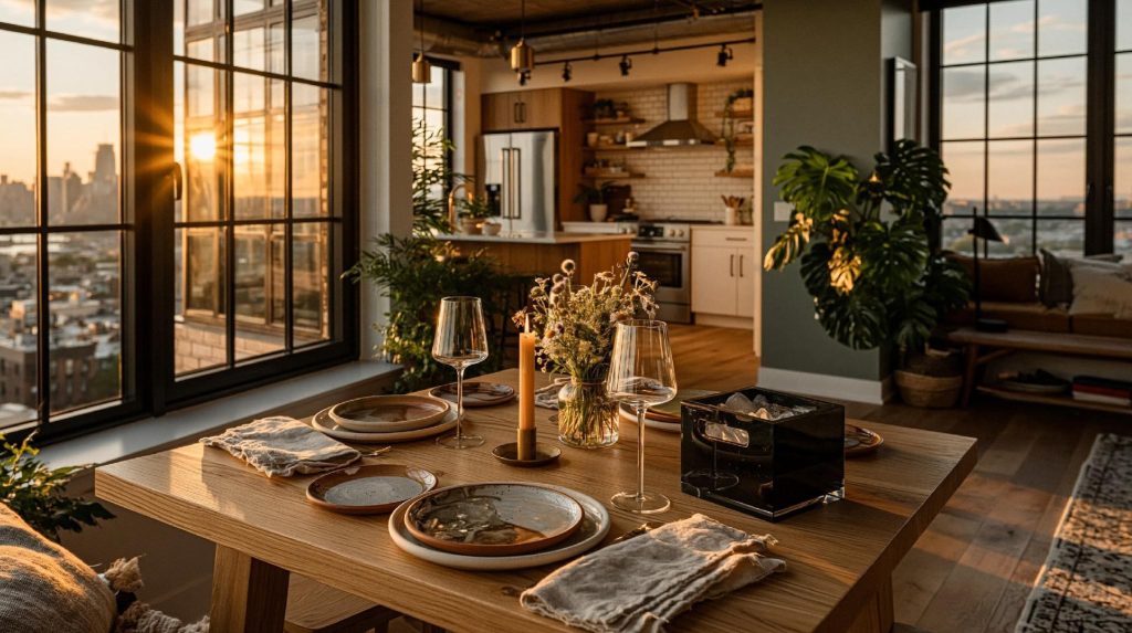 L-shaped living room dining area styling