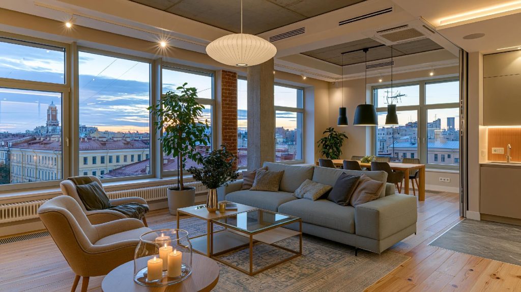  L-shaped living room dining city view