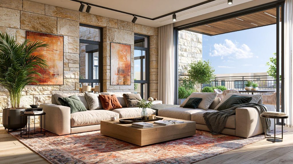  L-shaped living room stone wall terrace