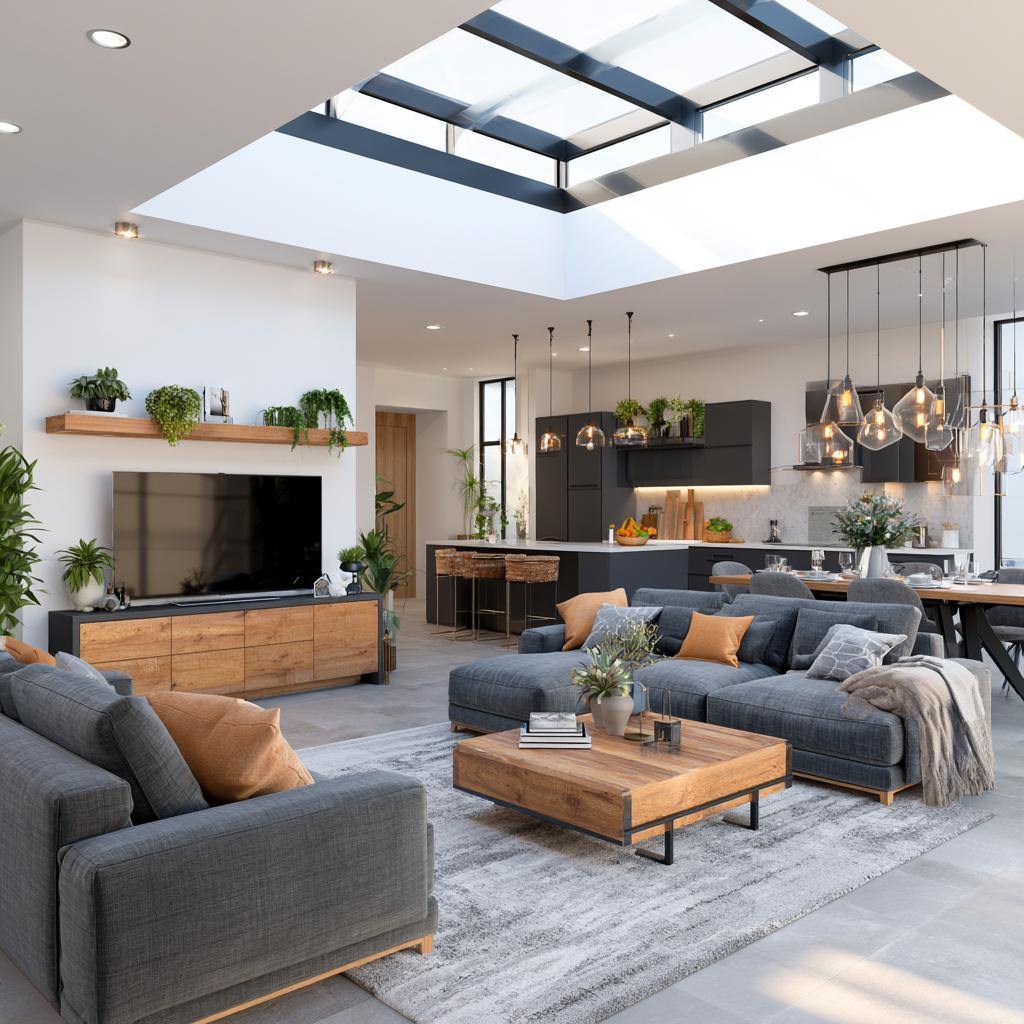  L-shaped living room TV open kitchen