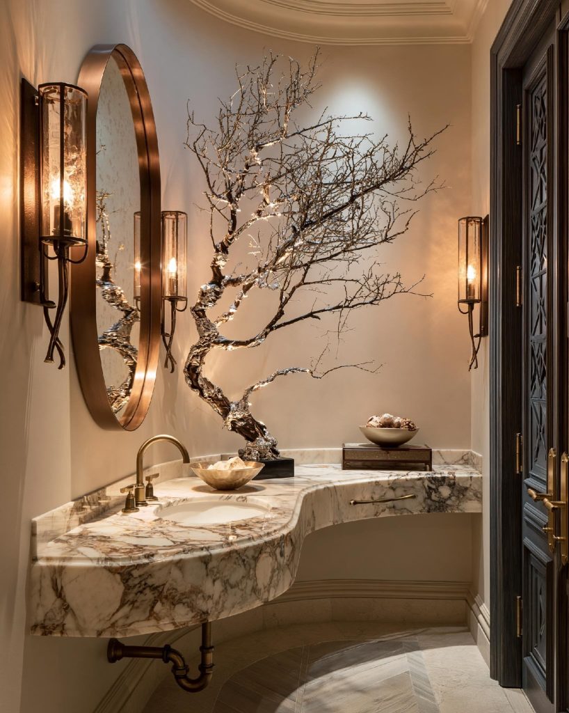Marble vanity luxury bathroom under staircase