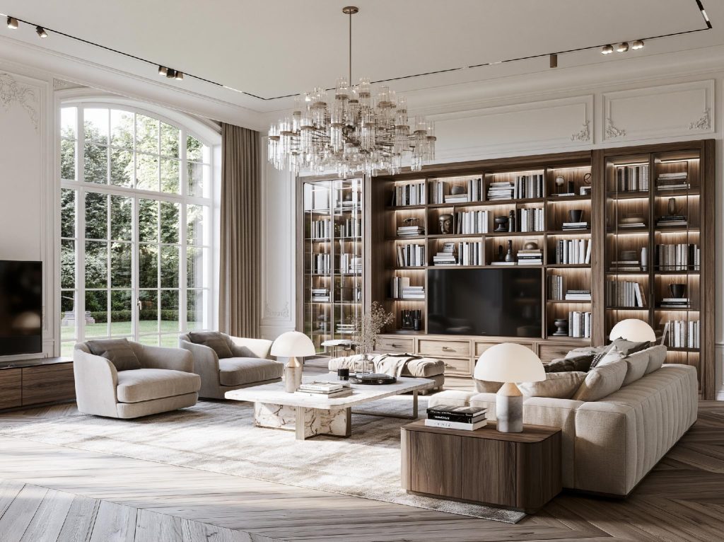 Dark wood luxury living room cabinet design