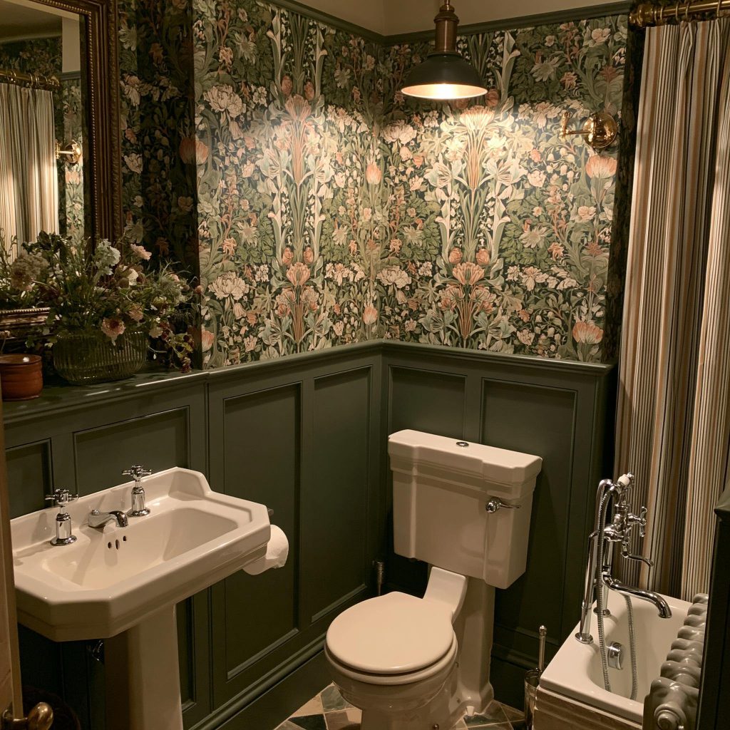 Magnolia bathroom decor green floral powder room