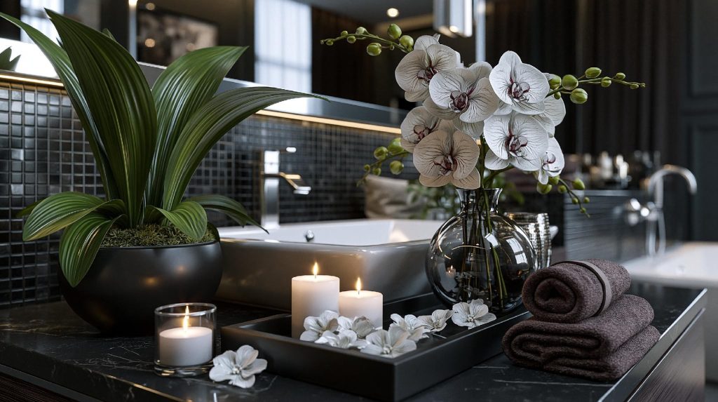 Magnolia bathroom decor orchids candles vanity
