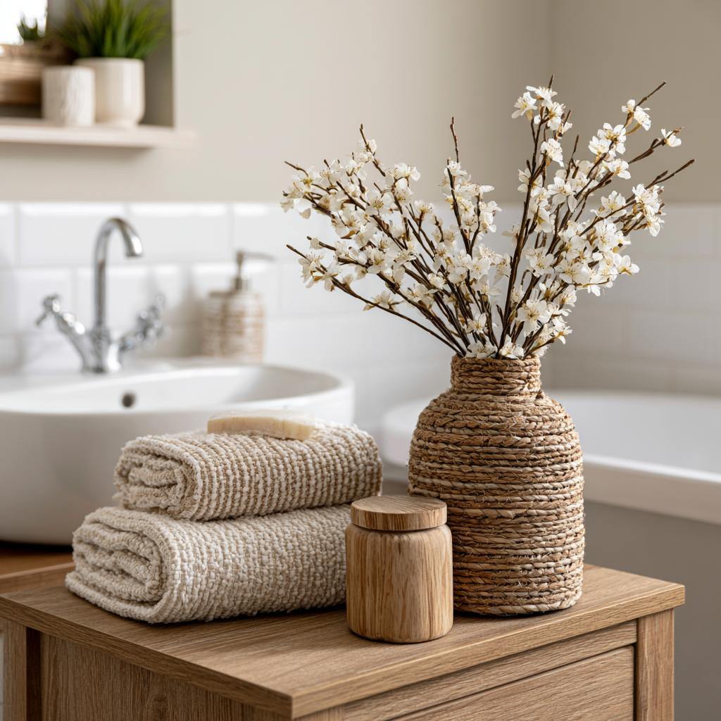 Magnolia bathroom decor woven vase blossoms