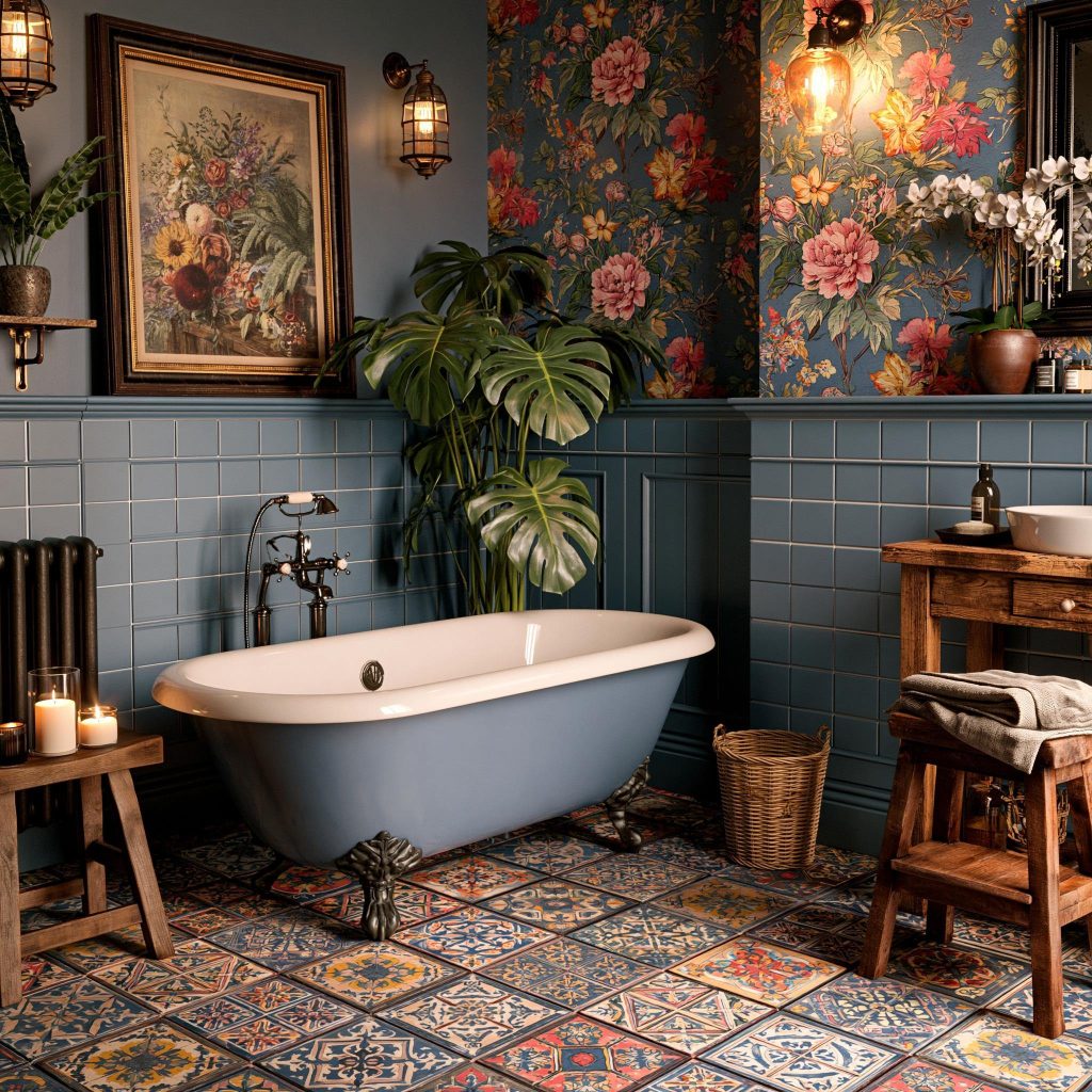  Magnolia flower bathroom decor floral wallpaper tub