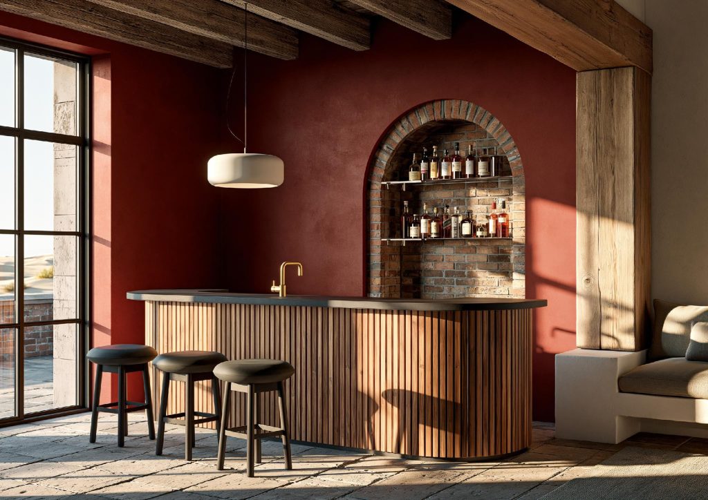  Modern bar counter design with wooden slats