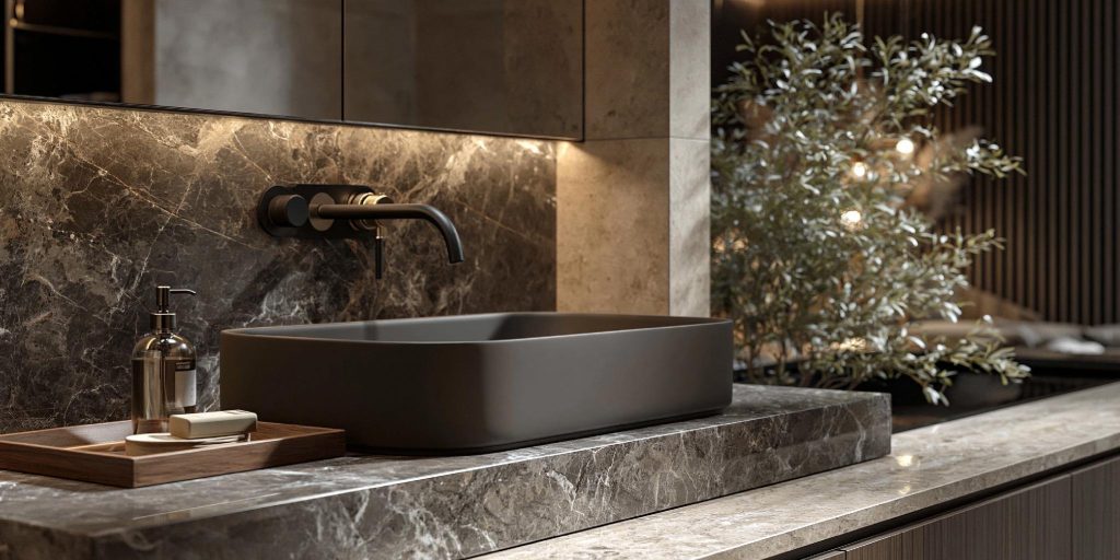 Dark vessel sink modern bathroom vanity
