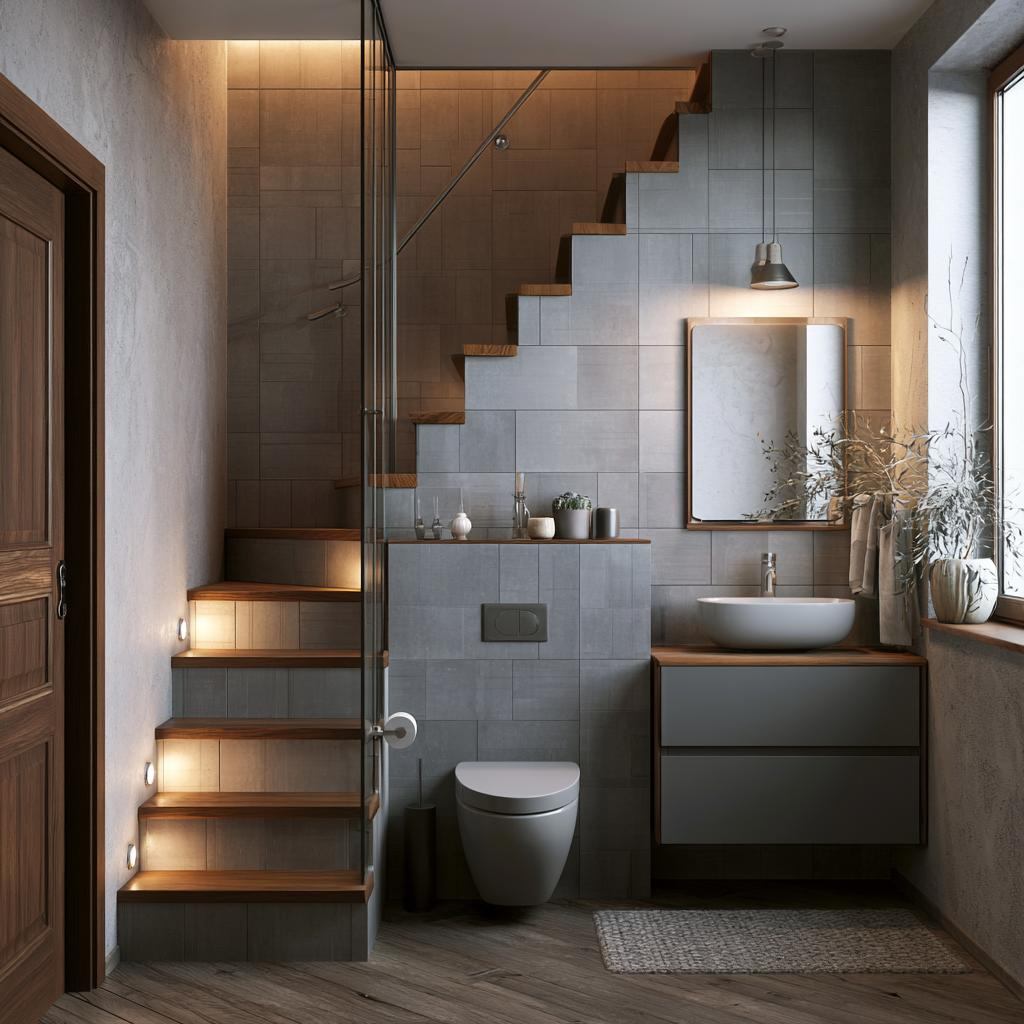 Modern grey bathroom under staircase design