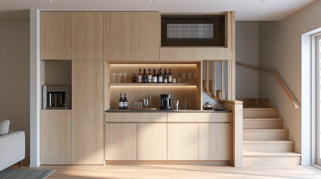 Modern wooden bar counter design with cabinetry