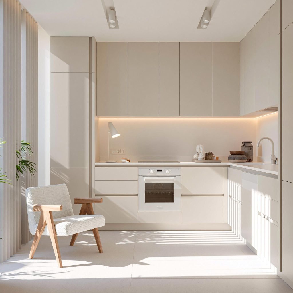 Beige minimalist PVC kitchen cupboard design