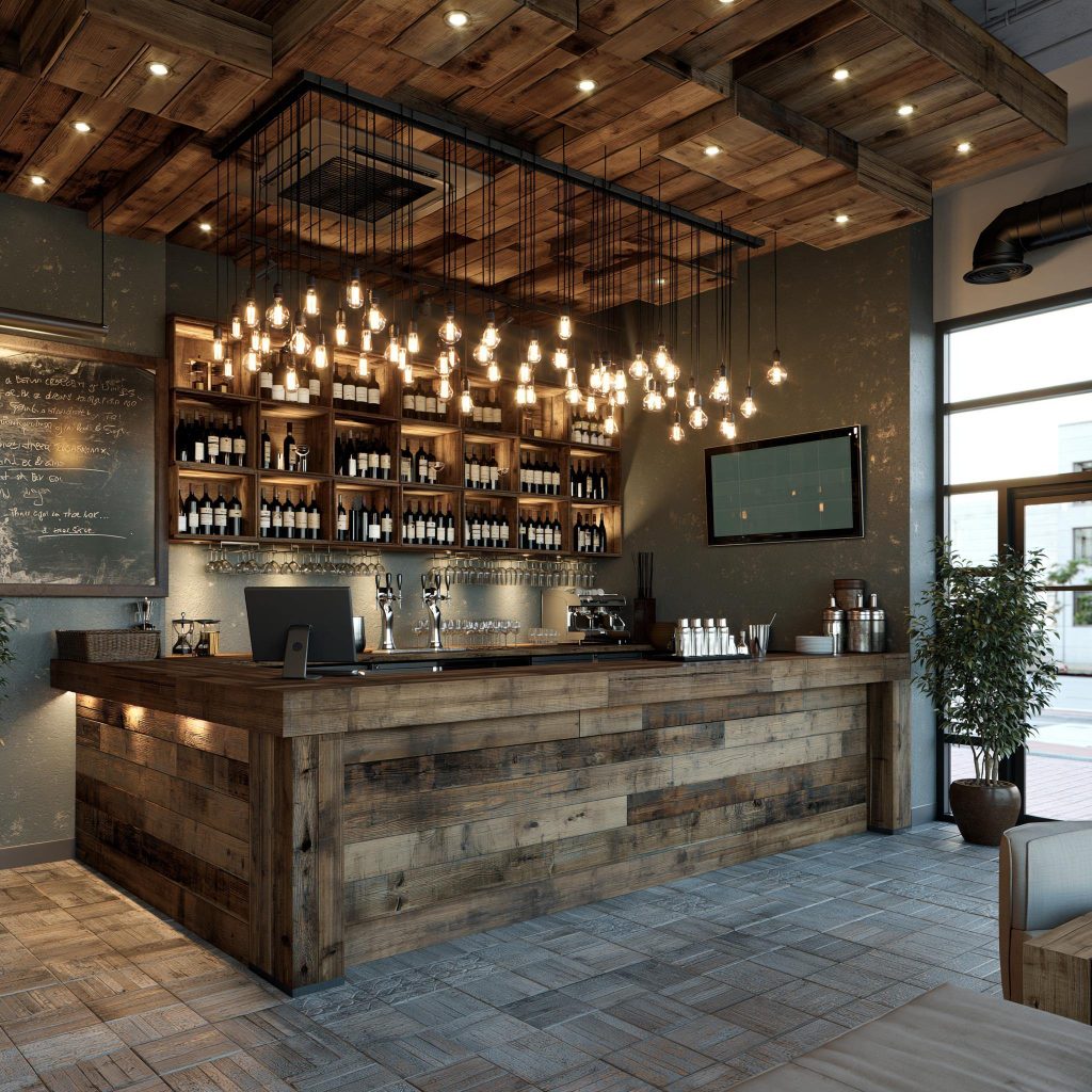  Wooden bar counter design with wine bottle storage