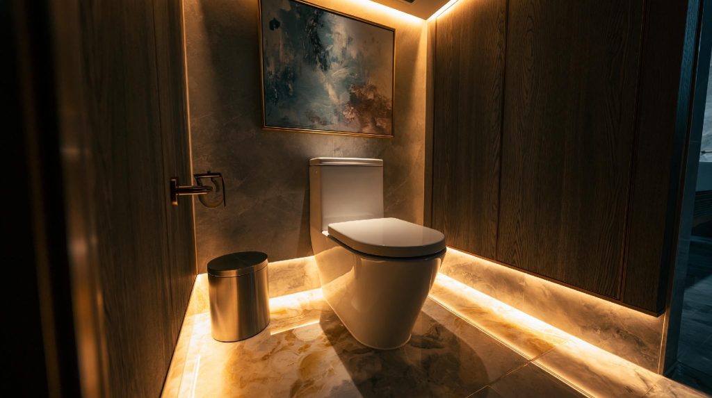 Warm lit small bathroom under staircase