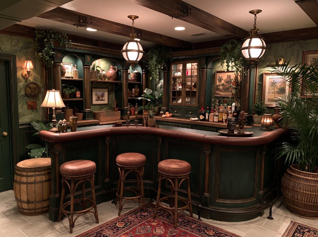 Curved vintage bar counter design with bar stools
