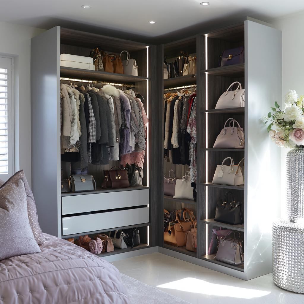 Walk-in closet handbag storage shelves