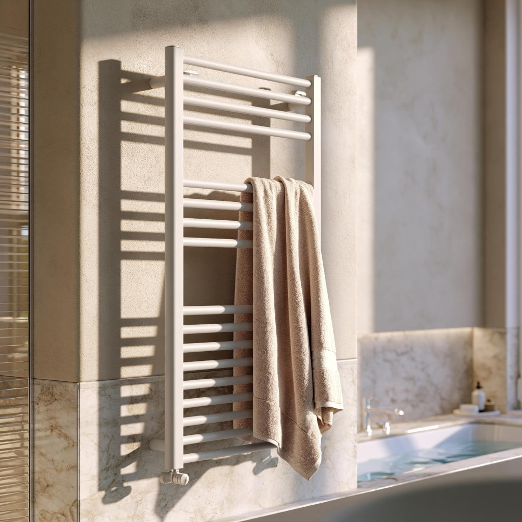 White wall-mounted heated bathroom towel rack