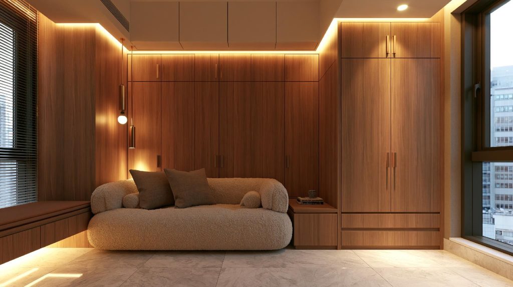 Wood finish wall wardrobe design bedroom