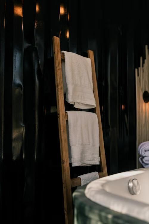 Wooden ladder bathroom towel rack tub